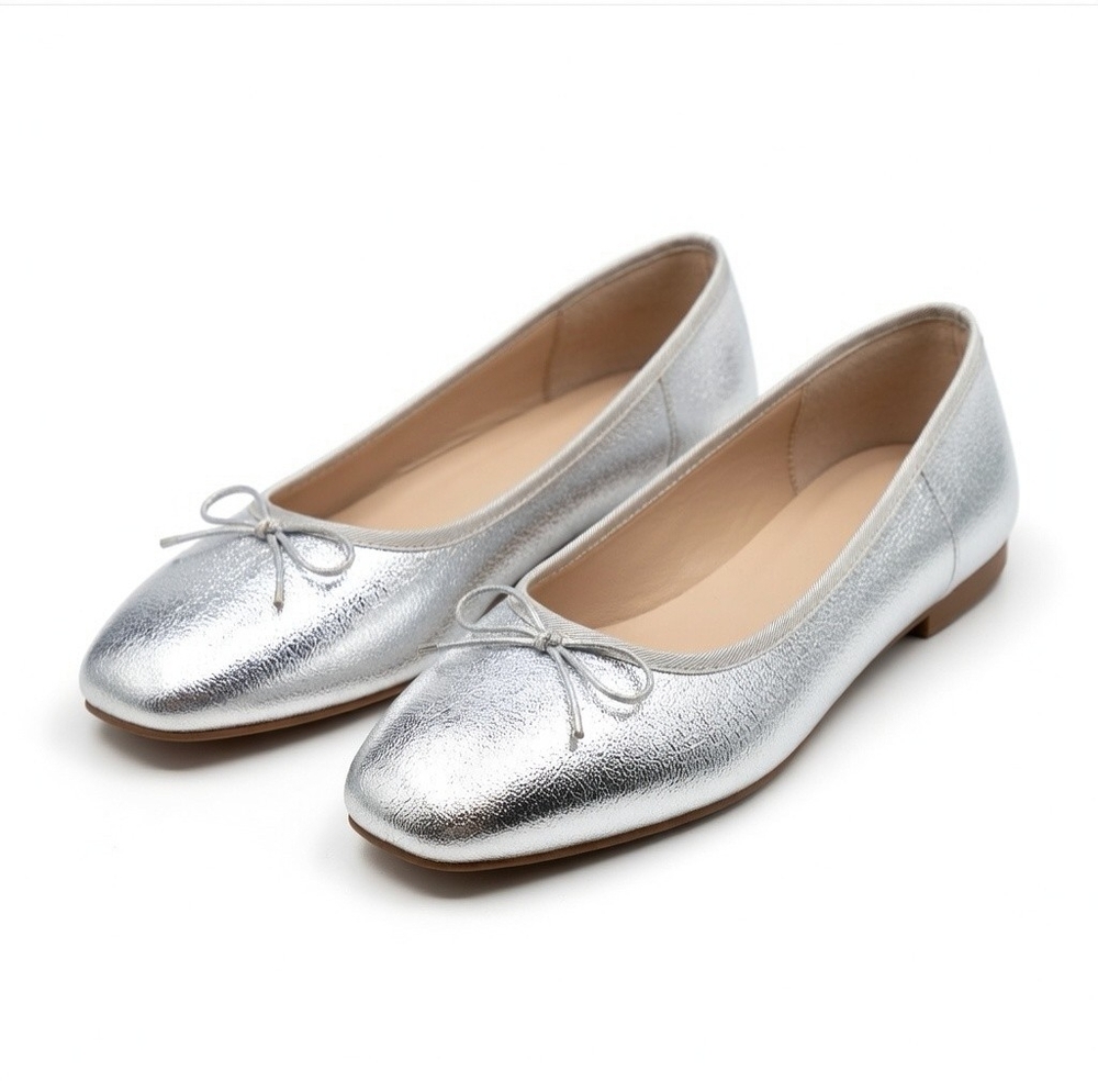 AFEETSING Silver Metallic Ballet Flats Bow Tie Top Womens Shoes Size 9 EXCellent